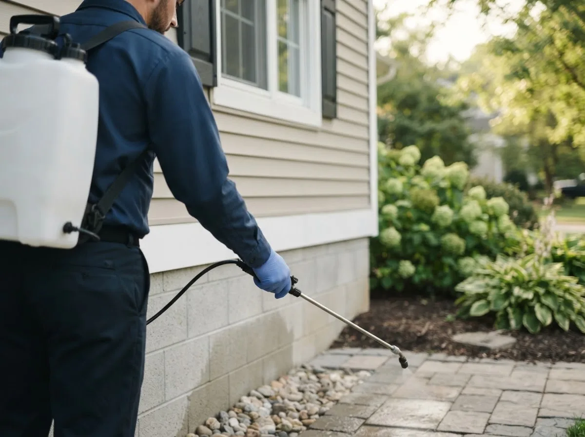 Pest control technician inspecting a home in Valley, NE